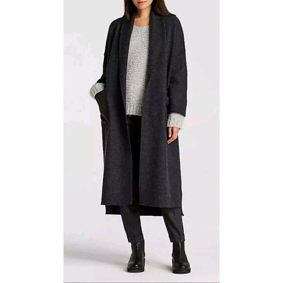 Eileen Fisher 100% Wool Shawl Collar Charcoal Coat Women's Large‎ Made In USA - Picture 2 of 4